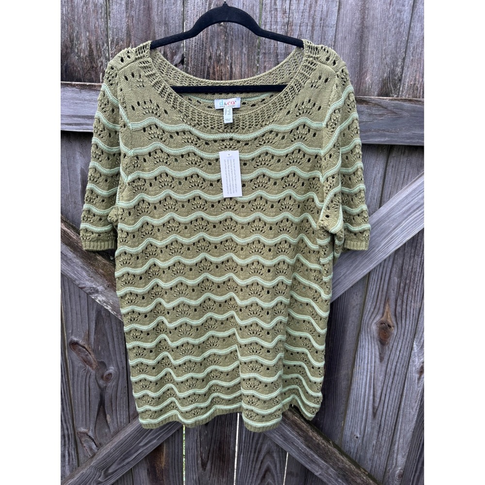 Denim & Co Sage Green Wavy Stripe Pointelle Cotton Knit Sweater Top 1X A689745